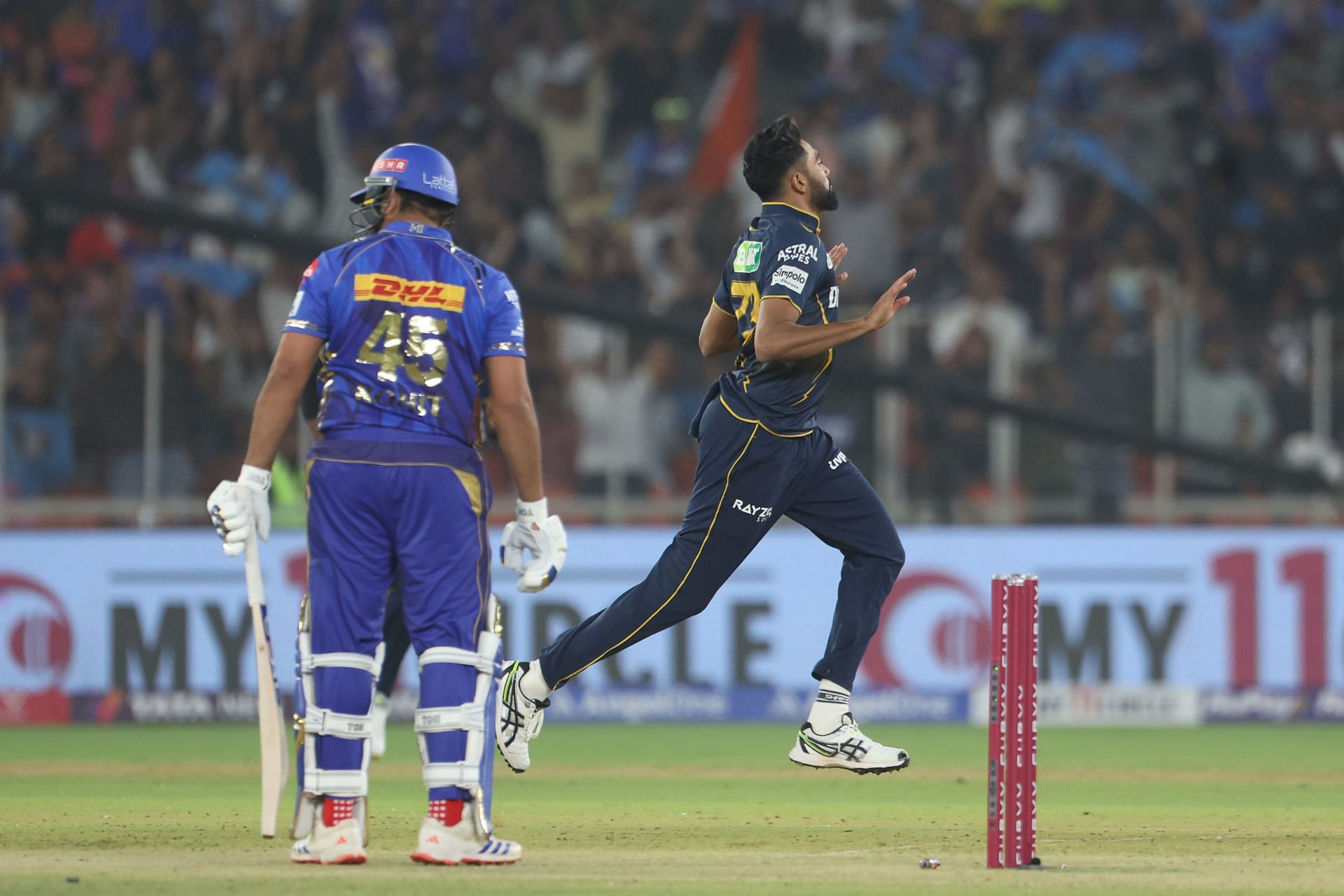 Mohammed Siraj celebrates Rohit Sharma's wicket. (Credits: Getty)